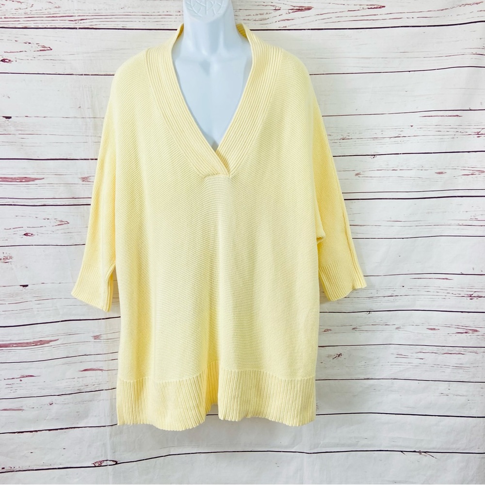 Chico’s Sweater Women’s 3 US XL Yellow V-Neck 3/4 Sleeves Stretch 100% Cotton